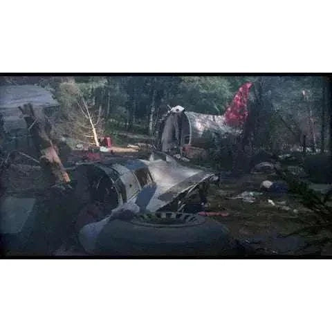 Wreckage scene from "Rapiña," part of Vinegar Syndrome's Mexican Gothic film collection by Carlos Enrique Taboada, featuring a crashed luxury plane in a forest setting.