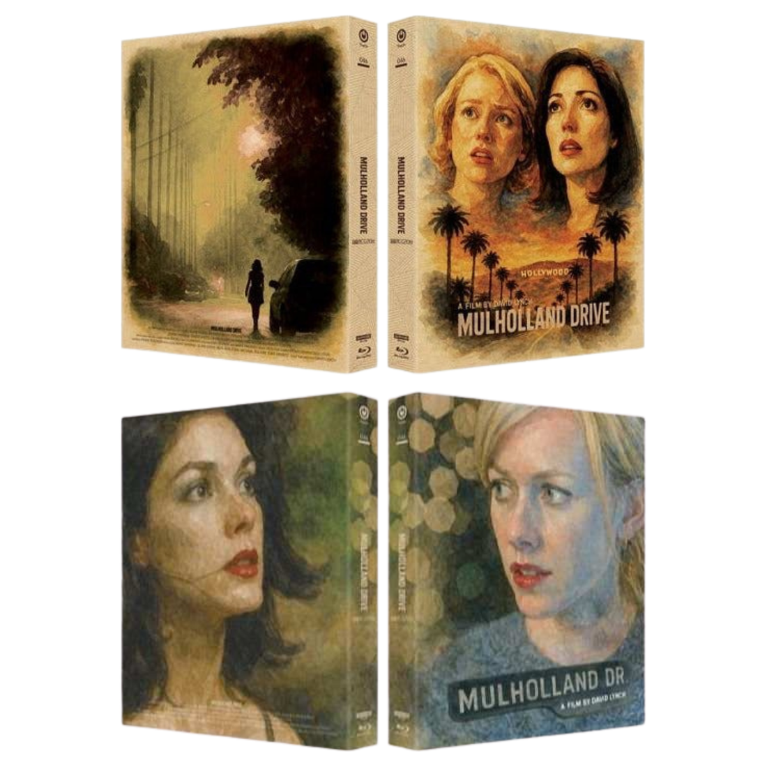 Mulholland Drive Digipack limited edition 4K UHD and Blu-Ray set with illustrated slipcase featuring main characters and palm trees.