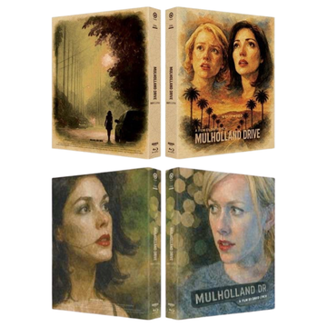 Mulholland Drive Digipack limited edition 4K UHD and Blu-Ray set with illustrated slipcase featuring main characters and palm trees.