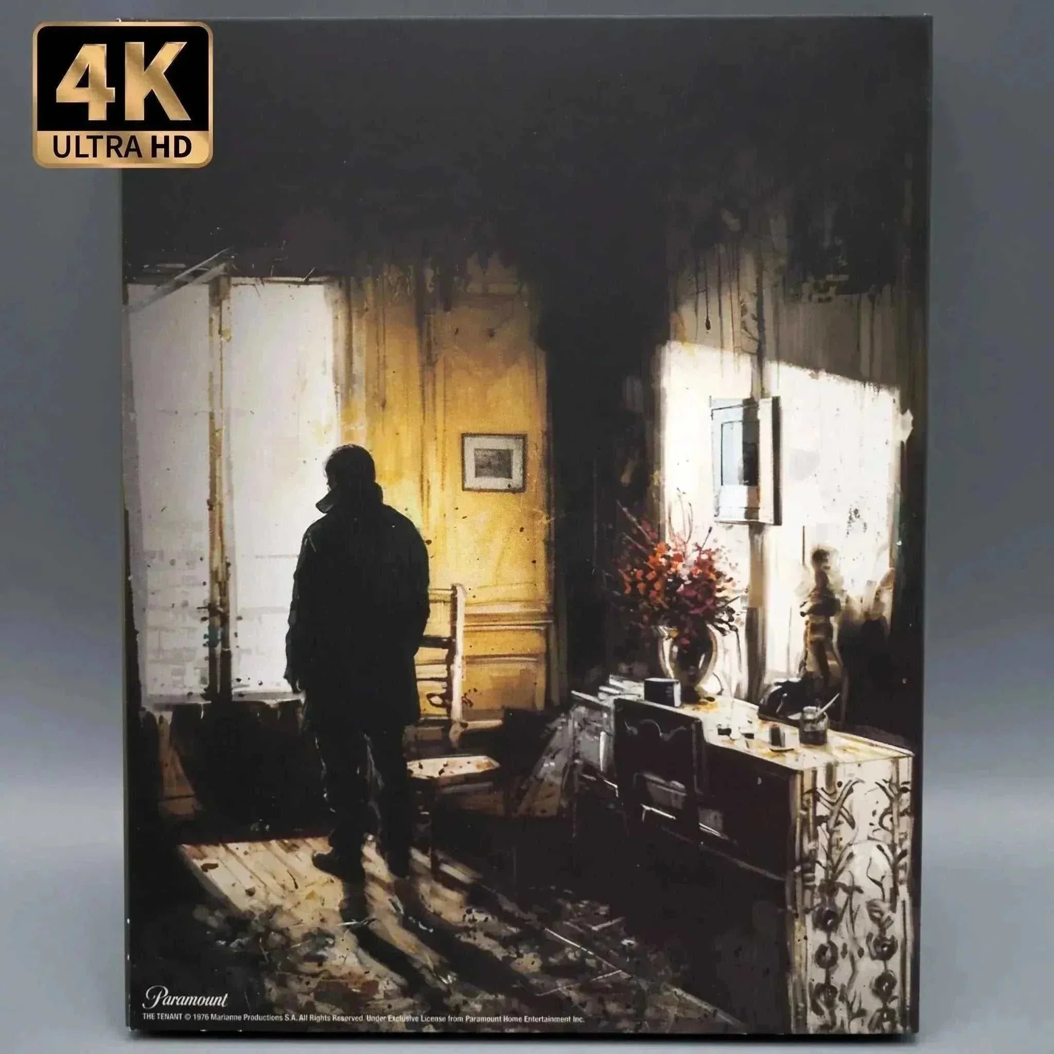 Vinegar Syndrome The Tenant 4K UHD and Blu-Ray with slipcase featuring dark atmospheric apartment scene with silhouette of man in doorway