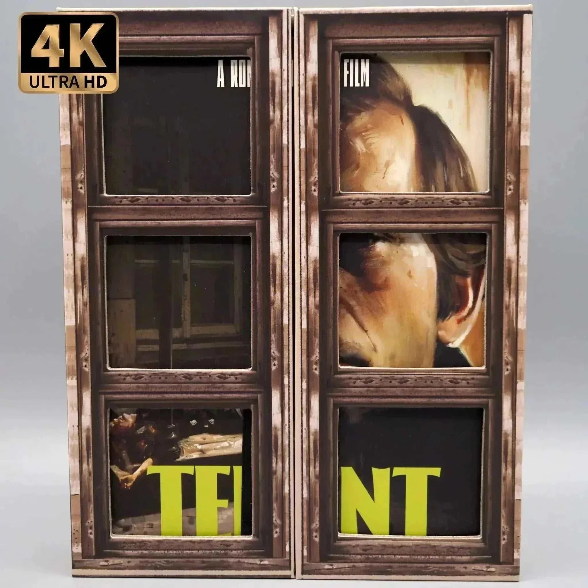Vinegar Syndrome The Tenant 4K UHD and Blu-Ray set with rigid slipcase and slipcover featuring film stills through window panes and 4K Ultra HD badge