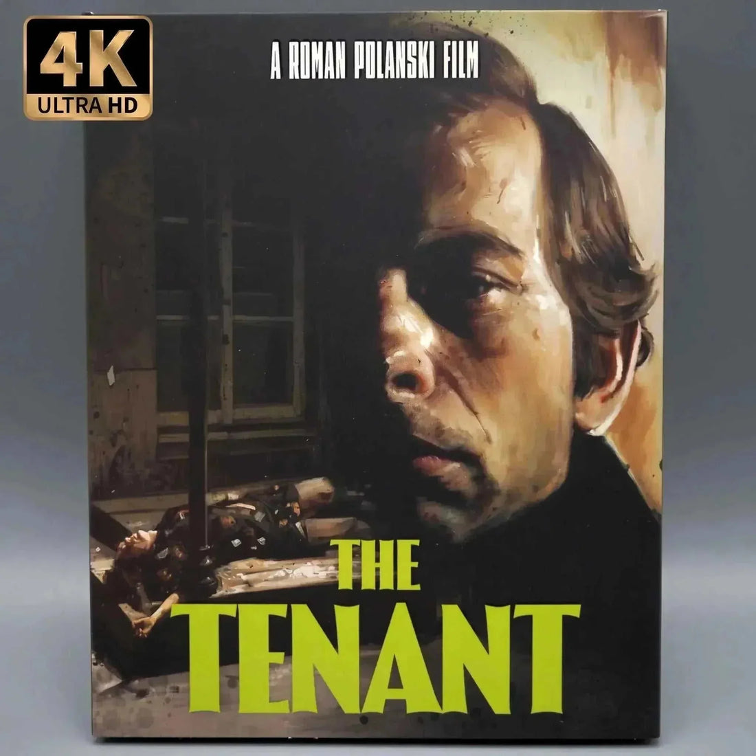 Vinegar Syndrome The Tenant 4K UHD and Blu-Ray set with rigid slipcase and slipcover featuring film stills through window panes and 4K Ultra HD badge