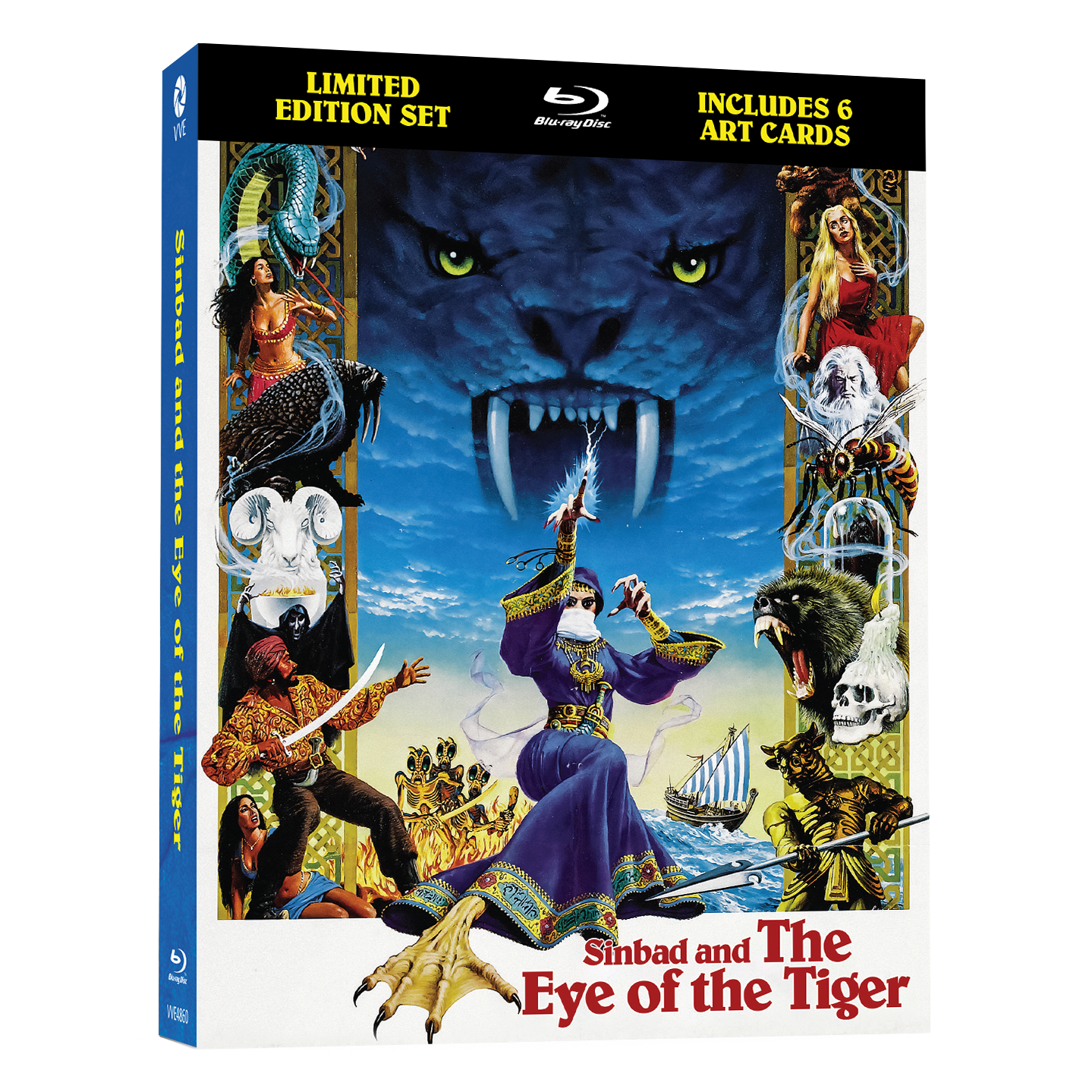 Limited edition Blu-Ray of Sinbad and The Eye of the Tiger, featuring 6 art cards and vibrant cover art.