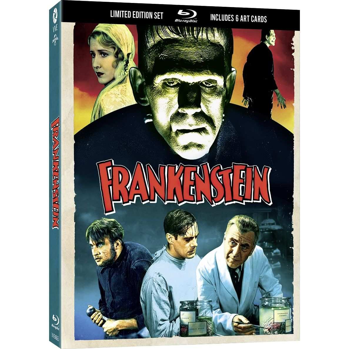 Frankenstein 1931 Blu-Ray Limited Edition set with art cards, featuring iconic movie characters in striking cover design.