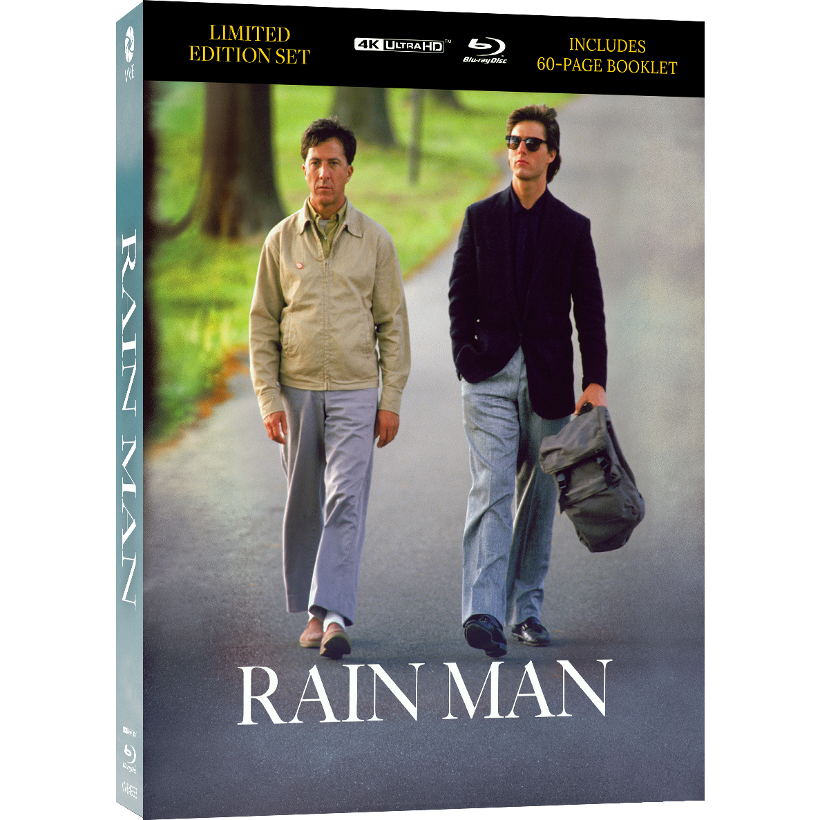 Limited Edition 4K UHD & Blu-Ray box set of Rain Man with 60-page booklet, featuring iconic movie scene.