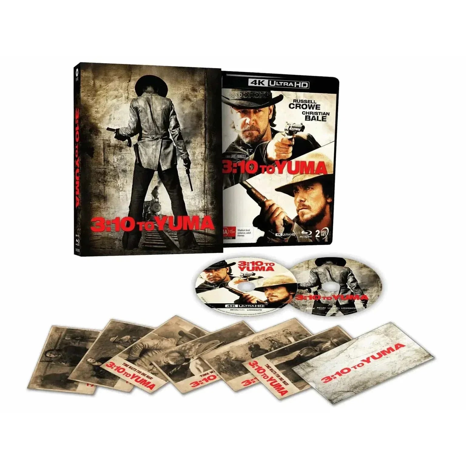 3:10 to Yuma limited edition 4K UHD and Blu-Ray set with 3D lenticular hardcase and collectible art cards featuring Russell Crowe and Christian Bale