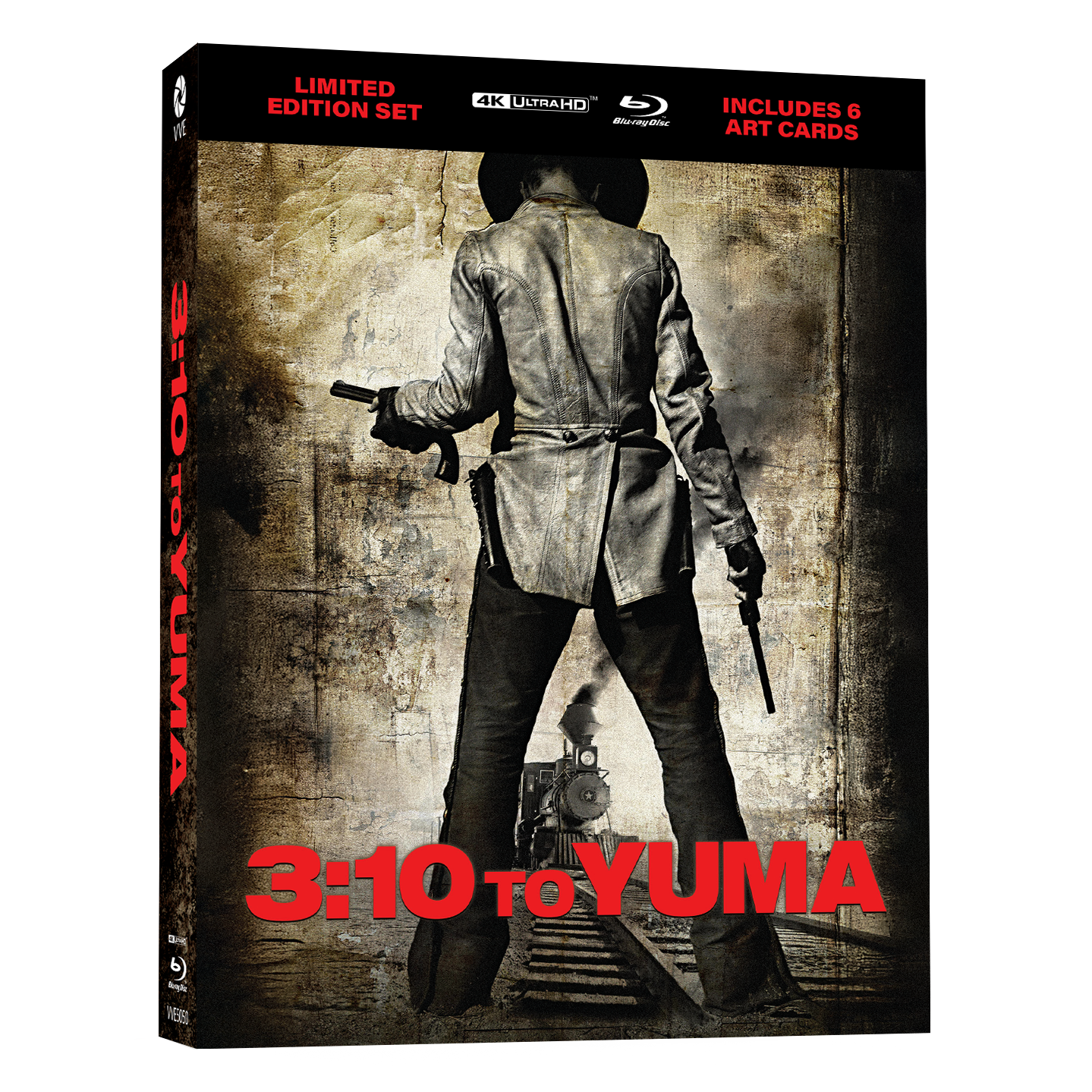 3:10 To Yuma limited edition 4K UHD and Blu-Ray set with 3D lenticular hardcase and art cards featuring a Western outlaw holding guns.