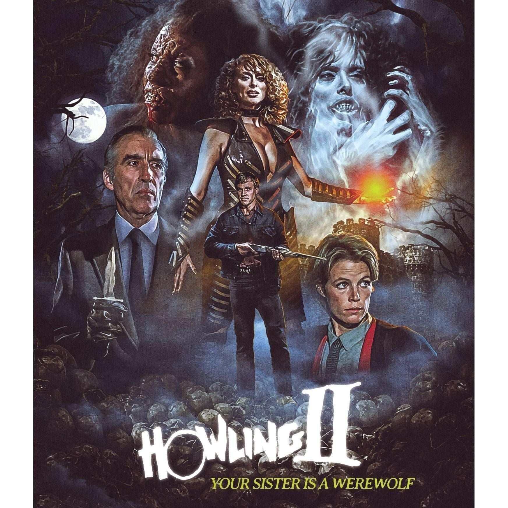 Howling II Your Sister Is a Werewolf 4K UHD Blu-ray cover with werewolf characters and moody night forest background by Vinegar Syndrome
