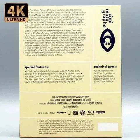 Cinématographe 4K UHD Blu-Ray of "Who Killed Teddy Bear" with slipcase, featuring mid-60s New York thriller.