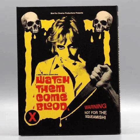 Watch Them Come Blood Blu-Ray cover featuring a yellow and black design with a woman holding a knife and skulls with warning text not for the squeamish.