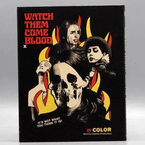 Watch Them Come Blood Blu-Ray with slipcover featuring '80s grindhouse style horror art and characters surrounded by flames.