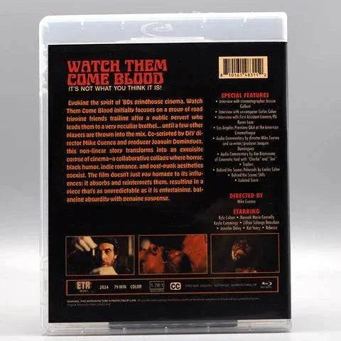 Watch Them Come Blood Blu-Ray case back cover with detailed movie synopsis, special features, cast, and production credits in red and white text on black background.