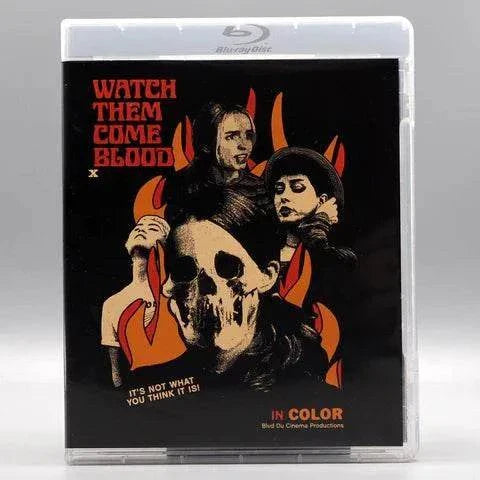 Watch Them Come Blood Blu-Ray cover featuring stylized horror artwork with skull-faced figure and fiery background, slipcover included.