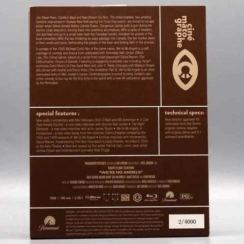 We're No Angels Blu-Ray slipcase featuring Robert De Niro and Sean Penn with angel illustrations on wooden textured cover