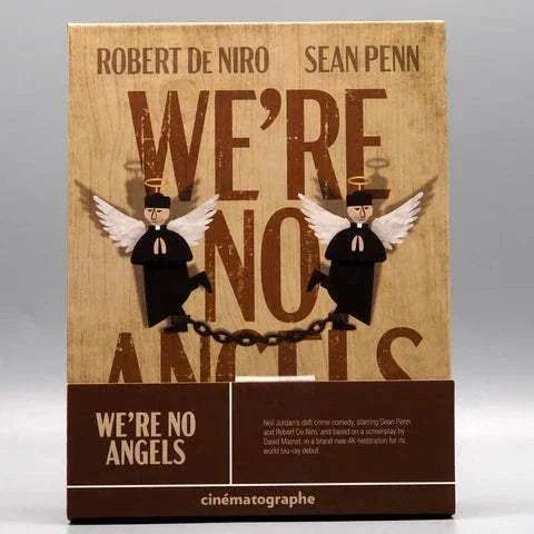 We're No Angels Blu-Ray slipcase featuring Robert De Niro and Sean Penn with angel illustrations on wooden textured cover