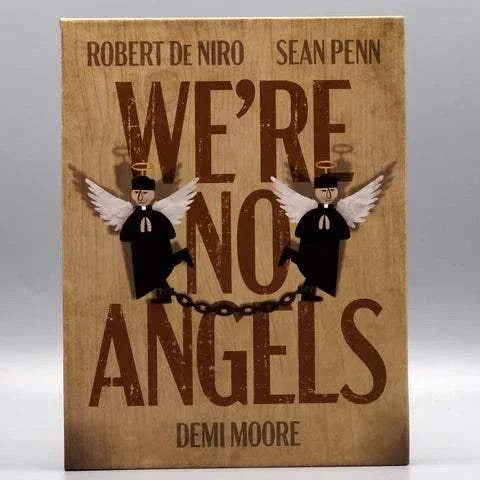 We're No Angels Blu-Ray slipcase featuring Robert De Niro and Sean Penn with angel illustrations and chained design on wood texture background