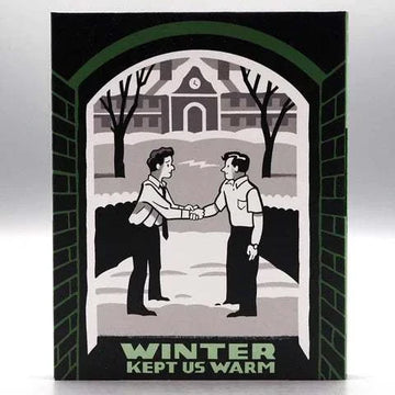 Canadian International Pictures Winter Kept Us Warm Blu-Ray with slipcover featuring black and white illustration of two men shaking hands in front of a university building.