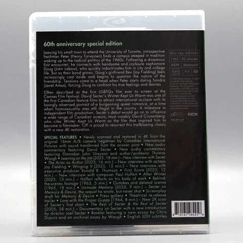 Canadian International Pictures Winter Kept Us Warm Blu-Ray with slipcover featuring black and white illustration of two men shaking hands in front of a university building.