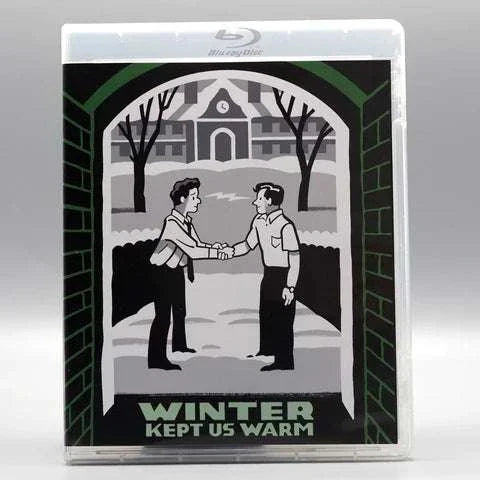 Canadian International Pictures Winter Kept Us Warm Blu-Ray with slipcover featuring black and white illustration of two men shaking hands outdoors in front of a university building