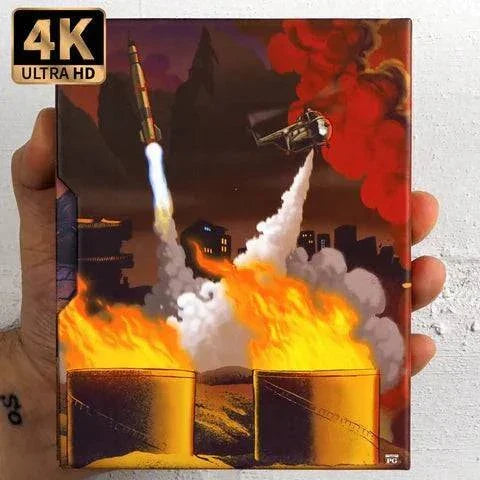 Vinegar Syndrome Yongary Monster from the Deep 4K UHD Blu-ray slipcase with fiery city destruction and explosions cover art