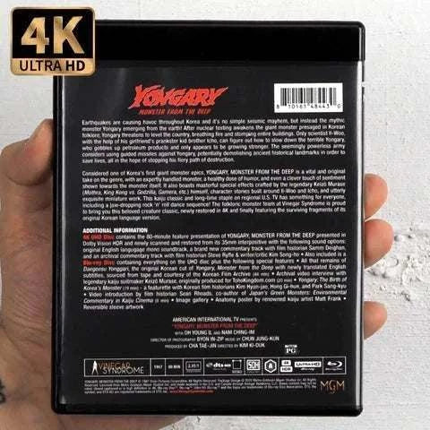 Vinegar Syndrome Yongary Monster from the Deep 4K UHD Blu-Ray slipcase showing detailed back cover with movie summary and special features