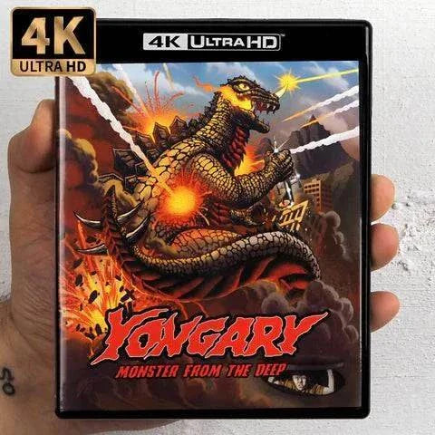Yongary Monster from the Deep 4K Ultra HD Blu-ray cover with fiery monster illustration and city destruction scene