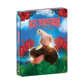 Ace Ventura Pet Detective 1994 limited edition 4K UHD Blu-Ray steelbook with colorful cover art featuring a bird and tropical theme