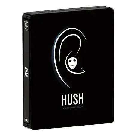 Hush 4K UHD limited edition steelbook with minimalist black cover featuring an ear and masked face design