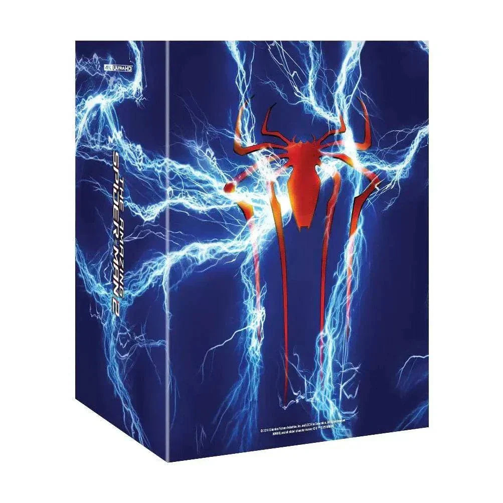 The Amazing Spider-Man 2 Steelbook with electric blue lightning design and red spider emblem on 4K UHD and Blu-Ray packaging