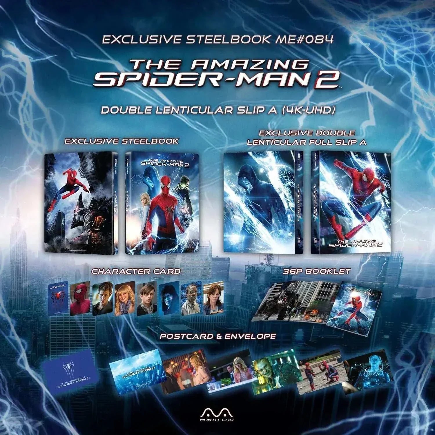 The Amazing Spider-Man 2 Steelbook 4K UHD and Blu-Ray with double lenticular slip, exclusive artwork, character cards, 36-page booklet, postcards, and numbered limited edition packaging