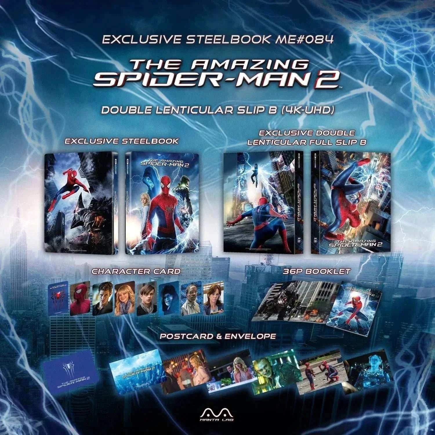 The Amazing Spider-Man 2 limited edition steelbook 4K UHD and Blu-Ray set with double lenticular slipcover, booklet, character cards, postcards, and exclusive packaging