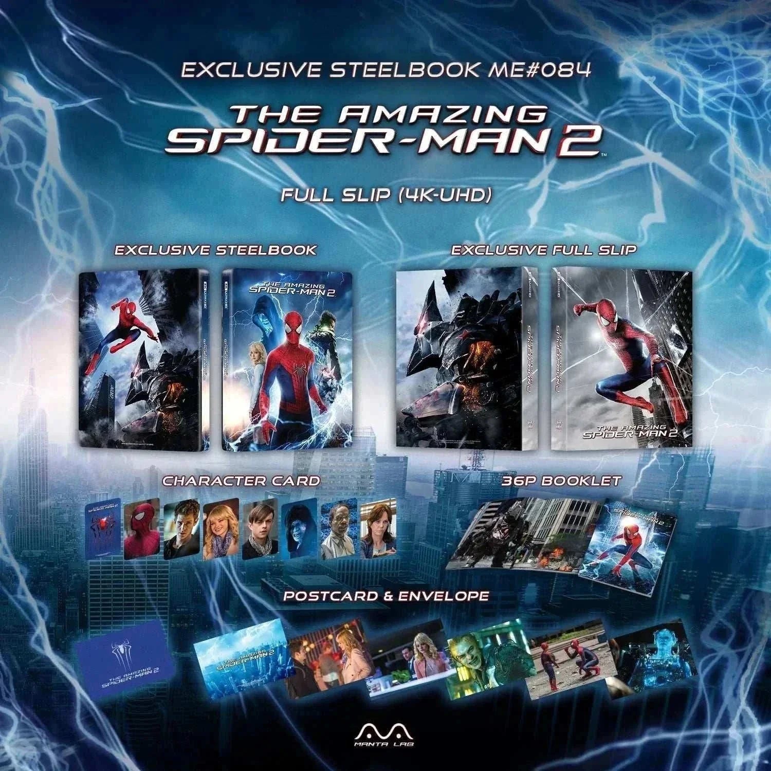 The Amazing Spider-Man 2 Steelbook 4K UHD and Blu-Ray collector's edition with exclusive artwork, booklet, postcards, and character cards.