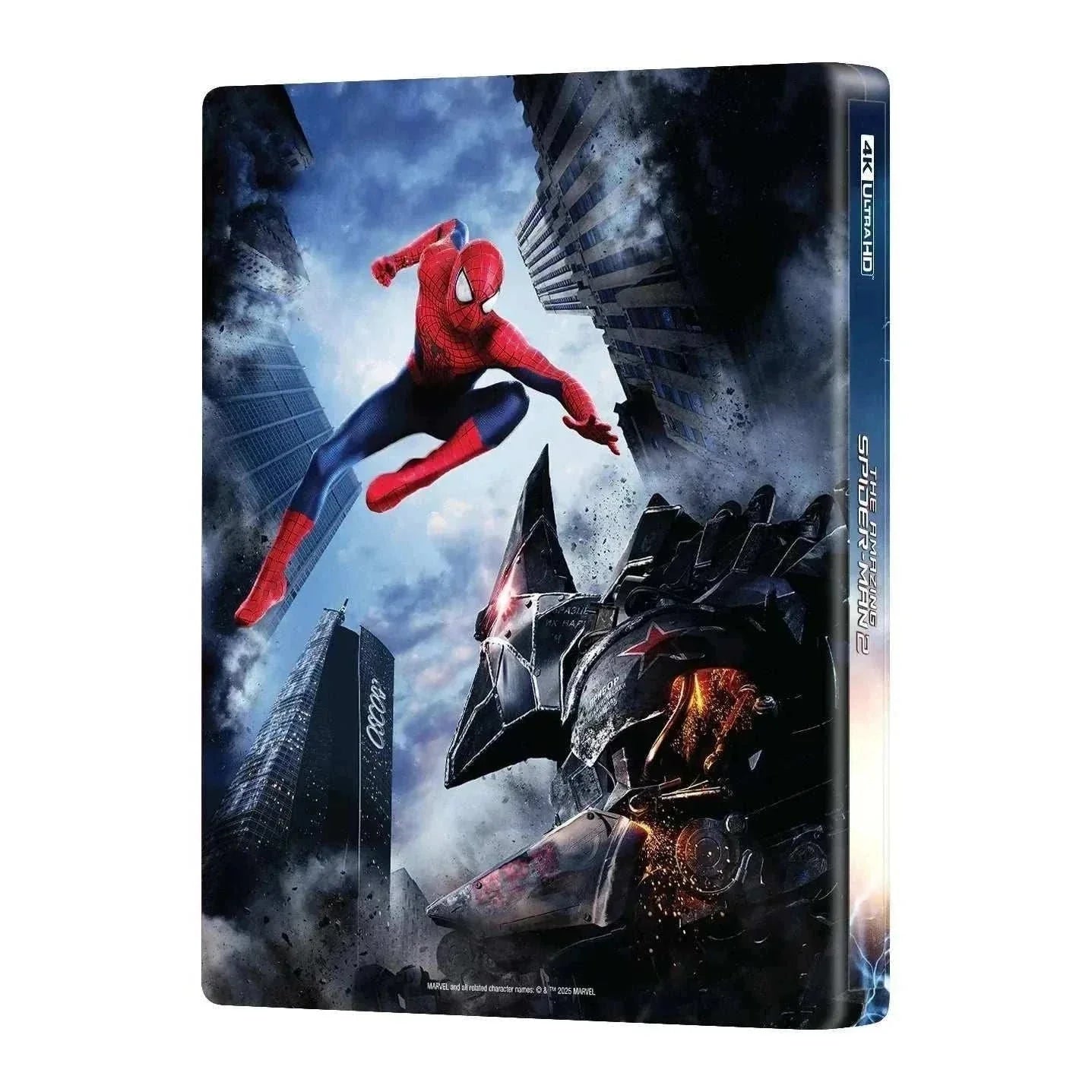 The Amazing Spider-Man 2 Steelbook 4K UHD and Blu-Ray double lenticular full slip edition with Spider-Man leaping against a city background and a robotic enemy.