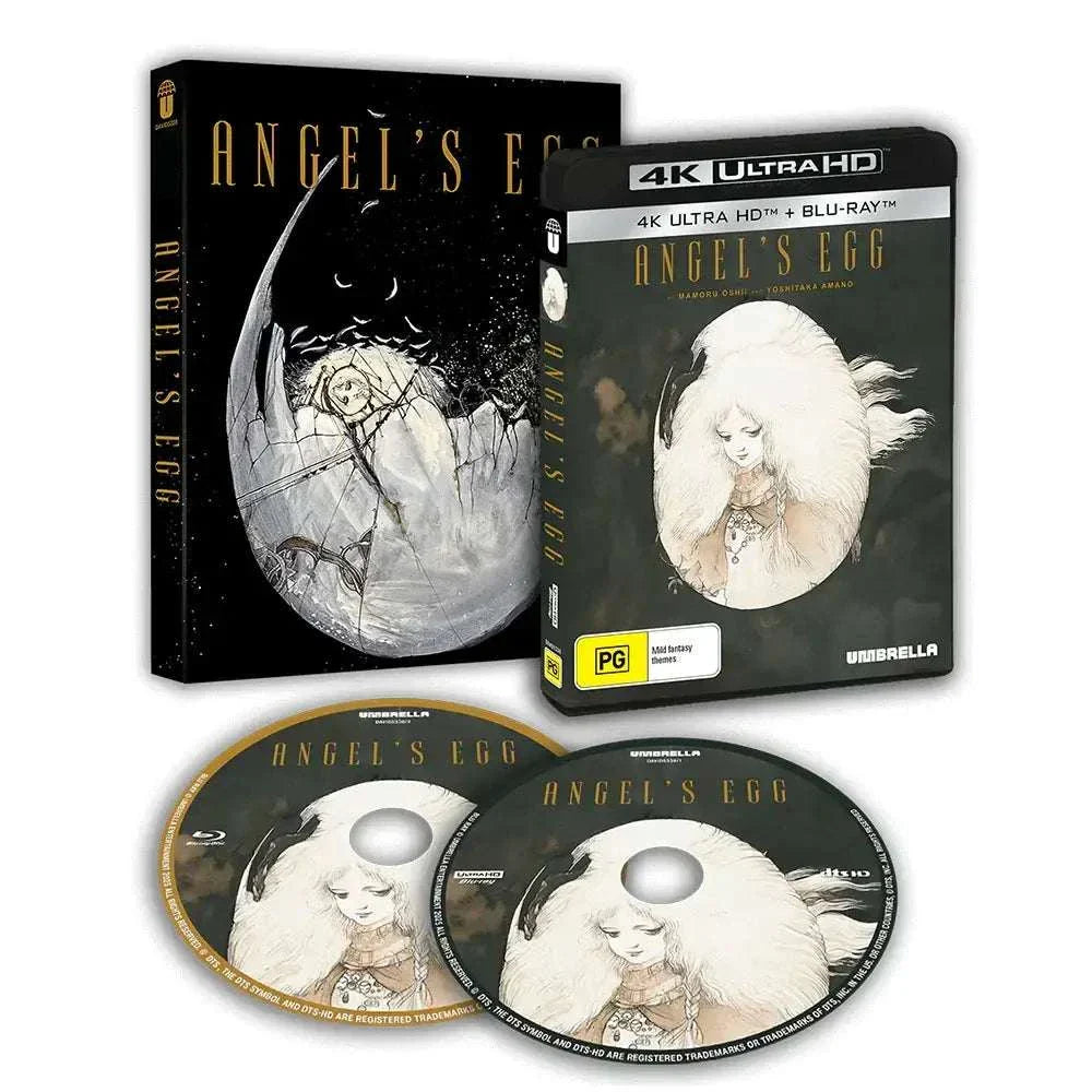 Angel's Egg 1985 4K UHD and Blu-Ray with limited edition slipcover by Umbrella Entertainment showing anime artwork of a girl holding a large egg on discs and cover