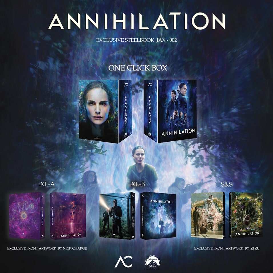 Annihilation 4K UHD WEA steelbook one-click edition with exclusive art, booklet, enamel pin, and collector’s items by Astro Creations.