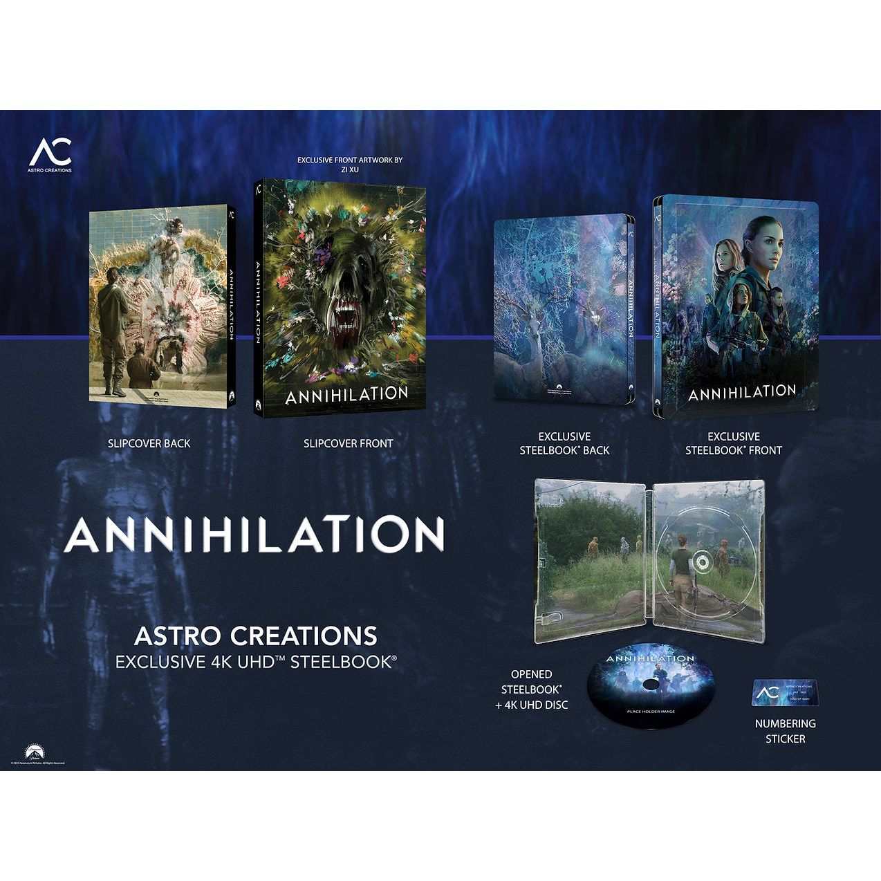 Annihilation 4K UHD Astro Creations exclusive steelbook with slipcover, art cards, enamel pin, and booklet, pre-order edition.