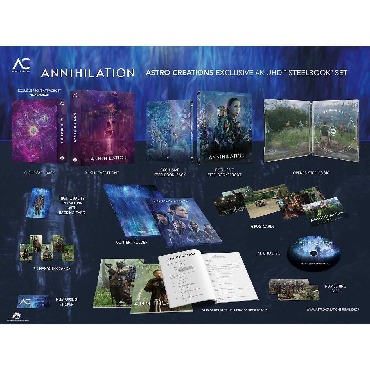 Annihilation 4K UHD Astro Creations exclusive steelbook set with enamel pin, art cards, 64-page booklet, postcards, and 4K disc in collectible packaging