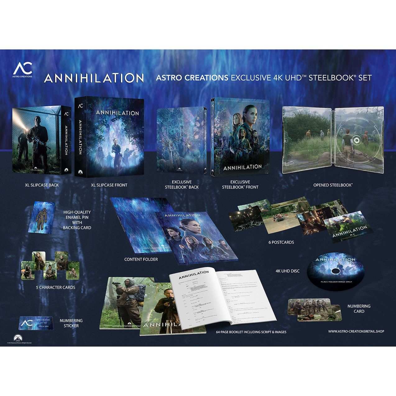 Annihilation 4K UHD XL-B Full Slip Steelbook set by Astro Creations with enamel pin, art cards, booklet, postcards, and 4K disc.