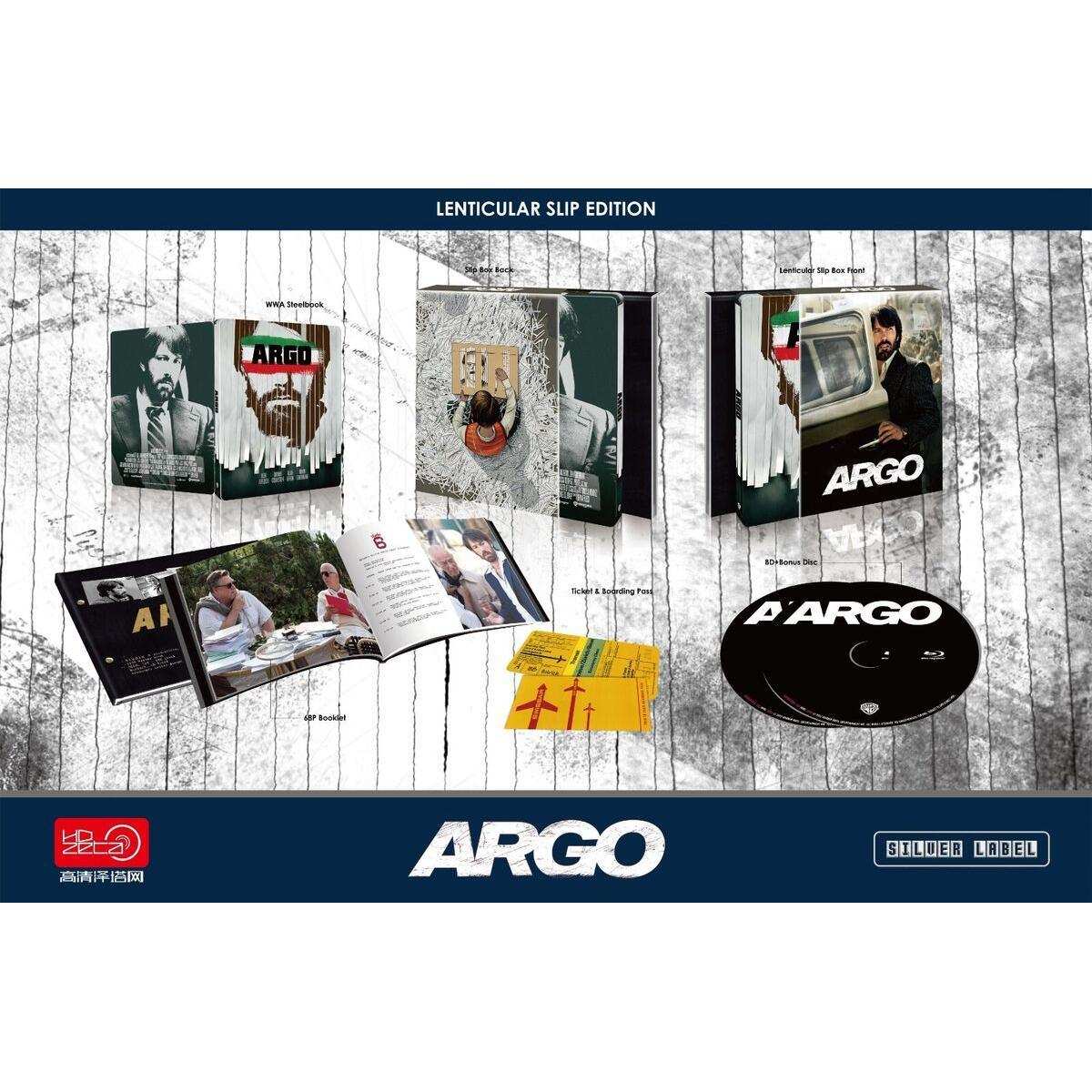 Argo One-Click Hardbox 4K UHD and Blu-ray SteelBook Silver Label edition with lenticular slip cover, booklet, and special packaging