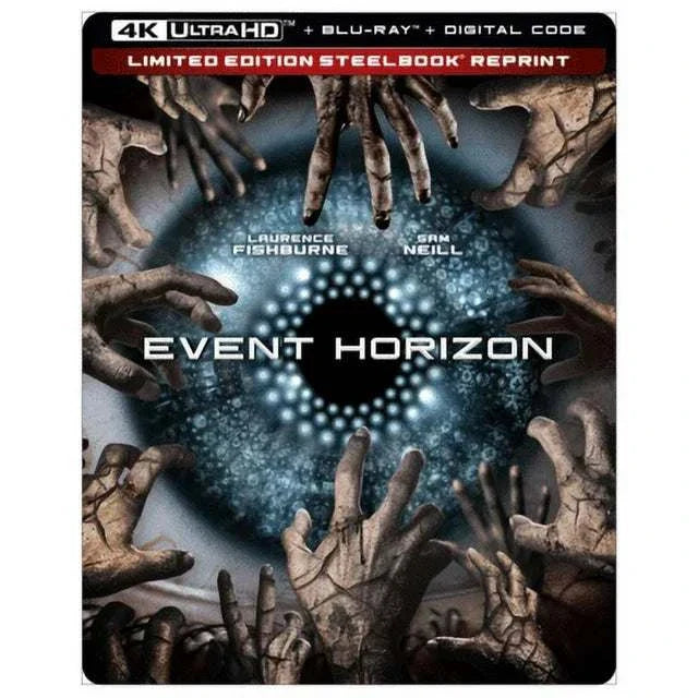 Event Horizon Limited Edition Steelbook 4K UHD Blu-Ray with digital code featuring horror hands reaching toward a glowing portal design