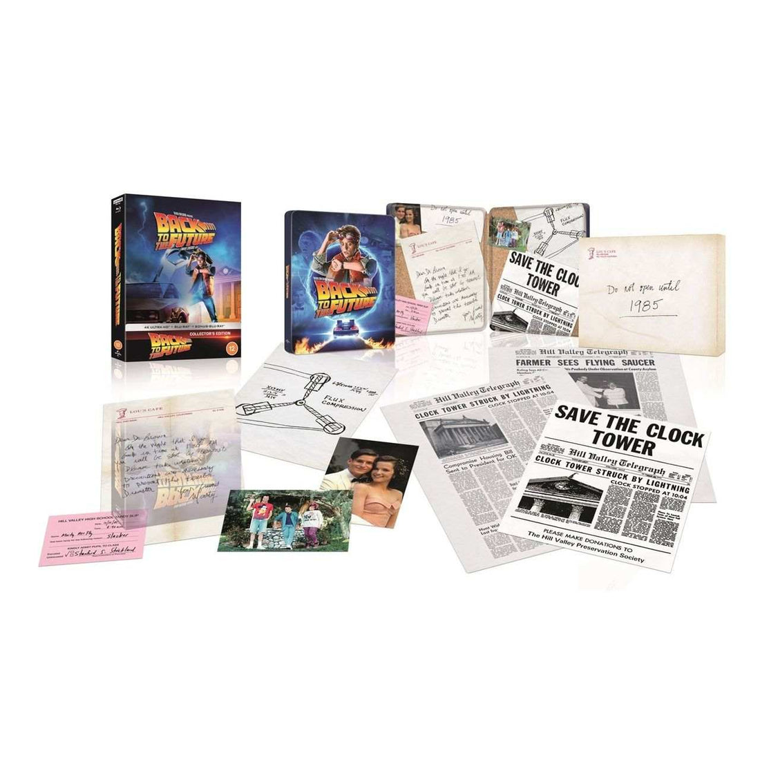 Back To The Future UK Limited Collectors Edition Steelbook 4K Ultra HD with Blu-Ray, rigid case, and replica movie props including letters and Save the Clock Tower flyer.