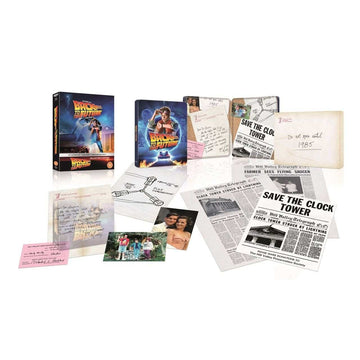 Back To The Future UK Limited Collectors Edition Steelbook 4K Ultra HD with Blu-Ray, rigid case, and replica movie props including letters and Save the Clock Tower flyer.