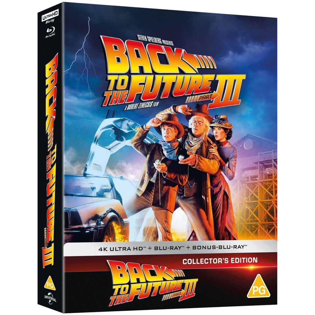 Back to the Future Part III limited edition steelbook 4K Ultra HD with replica props, art cards, timeline poster, and bonus discs displayed with rigid slipcase and collectibles.