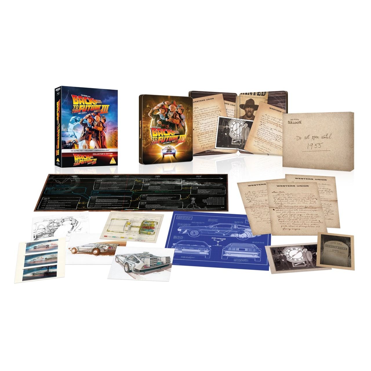 Back to the Future Part III limited edition steelbook 4K Ultra HD with replica props, art cards, timeline poster, and bonus discs displayed with rigid slipcase and collectibles.