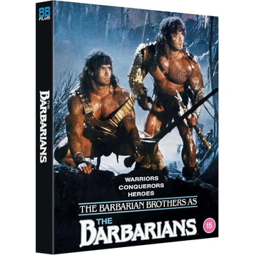 The Barbarians Blu-Ray slipcover showing two muscular Barbarian Brothers in action pose, Region B, pre-order release by 88 Films.