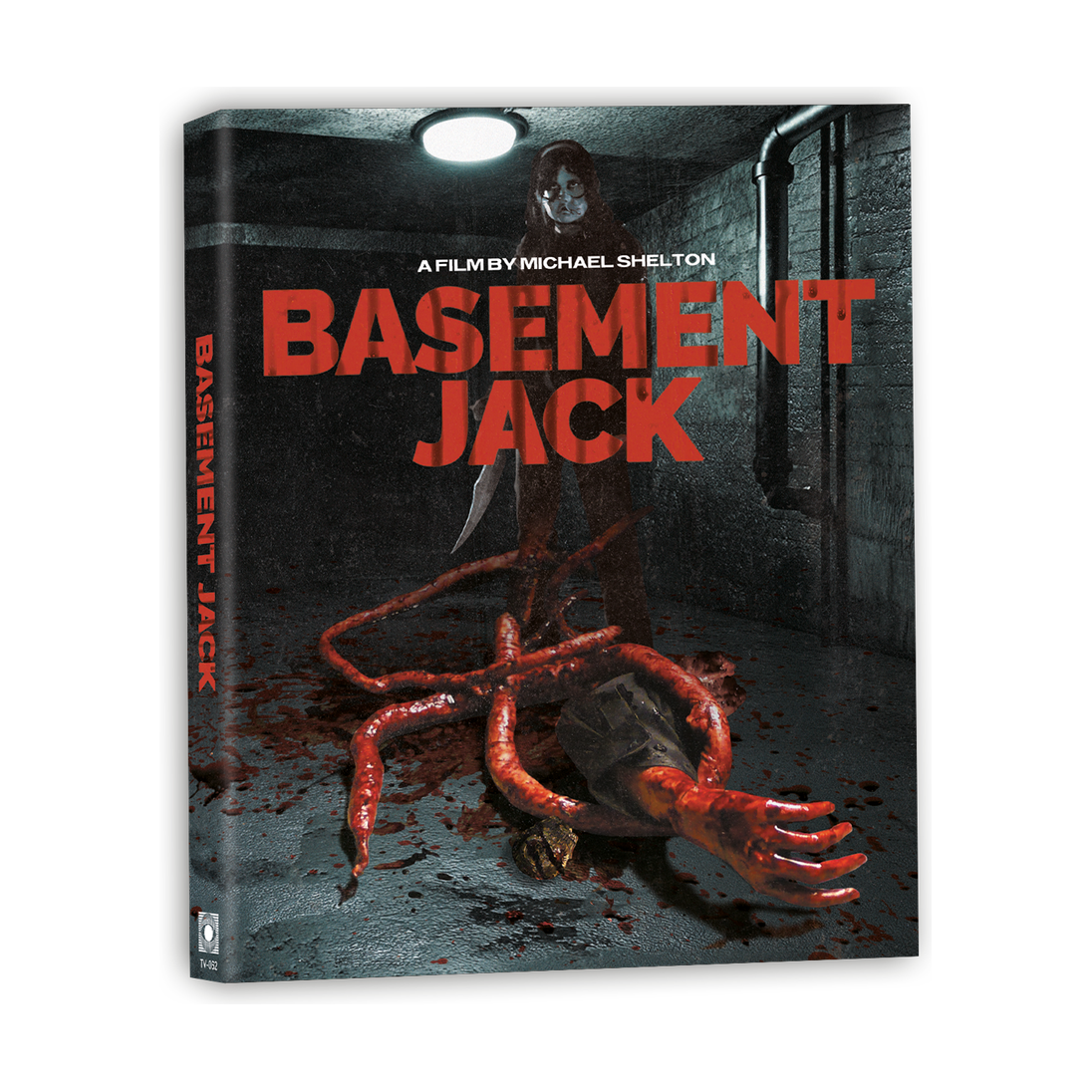 Shoestring Slashers Volume 1 Blu-ray box set featuring Basement Jack horror film cover with dark basement scene and bloody tentacle-like hand.