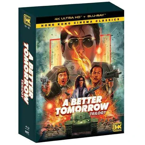 A Better Tomorrow Trilogy 4K UHD and Blu-Ray box set featuring Hong Kong cinema classics with action-packed cover art and iconic characters.