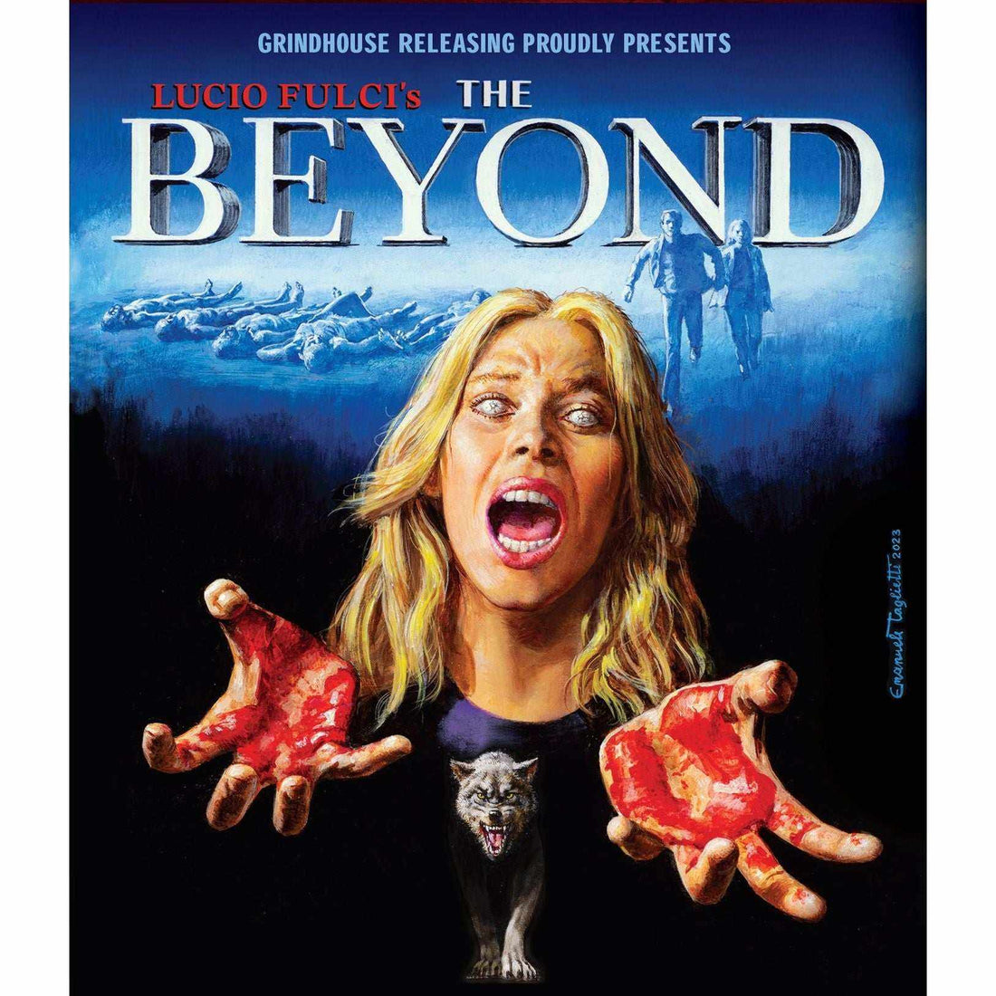 The Beyond 6-disc Deluxe Edition box set featuring 4K UHD, Blu-rays, DVD, CD, and 100-page book with artwork by Emanuele Taglietti