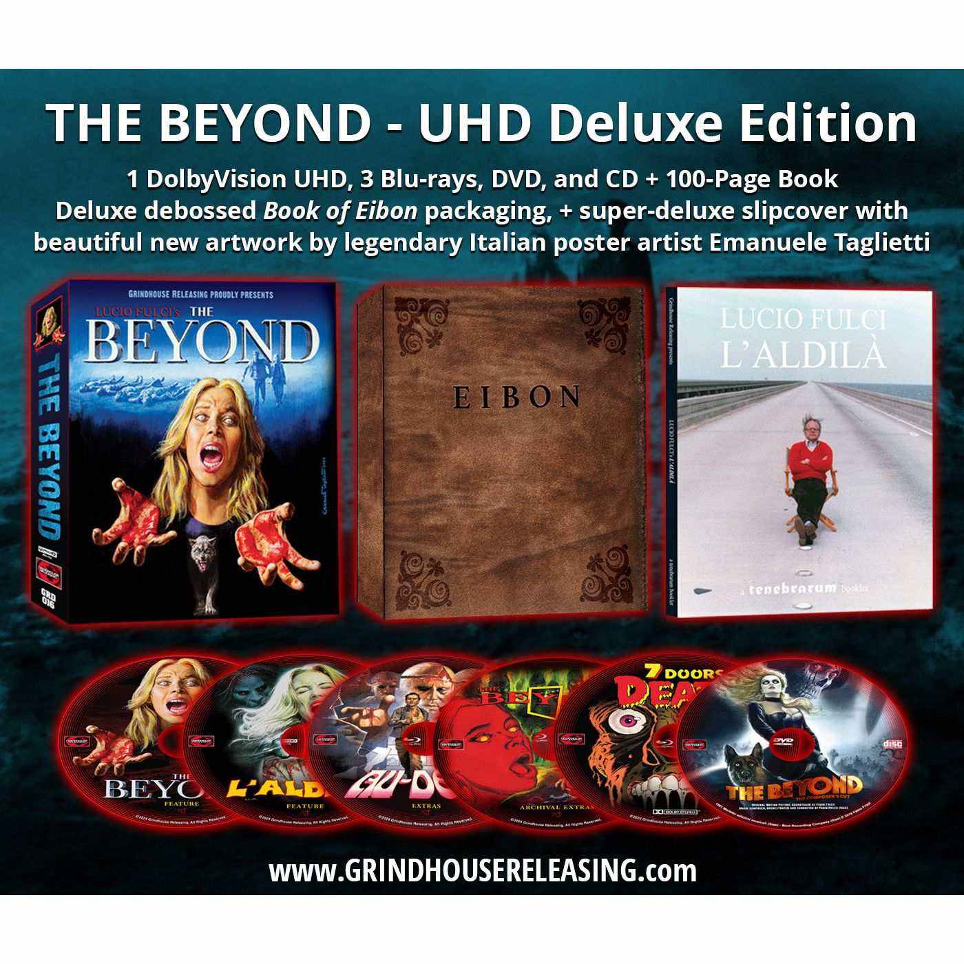 The Beyond 6-disc Deluxe Edition box set featuring 4K UHD, Blu-rays, DVD, CD, and 100-page book with artwork by Emanuele Taglietti