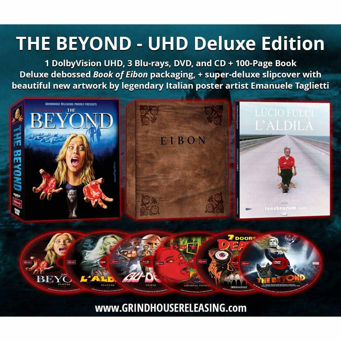 The Beyond 6-disc Deluxe Edition box set featuring 4K UHD, Blu-rays, DVD, CD, and 100-page book with artwork by Emanuele Taglietti